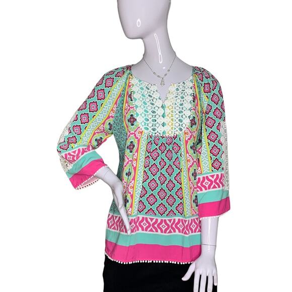 Multiples Boho Top Long Sleeve Multicolor Moroccan Print Size S 100% Ray… - Picture 1 of 15
